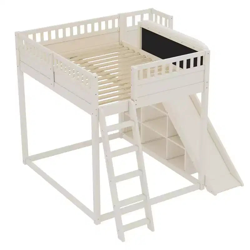 Bellemave Loft Bed with Upholstered Headboard and Storage Shelves,Solid Wood Loft Bed Frame with Ladder and Slide for Kids