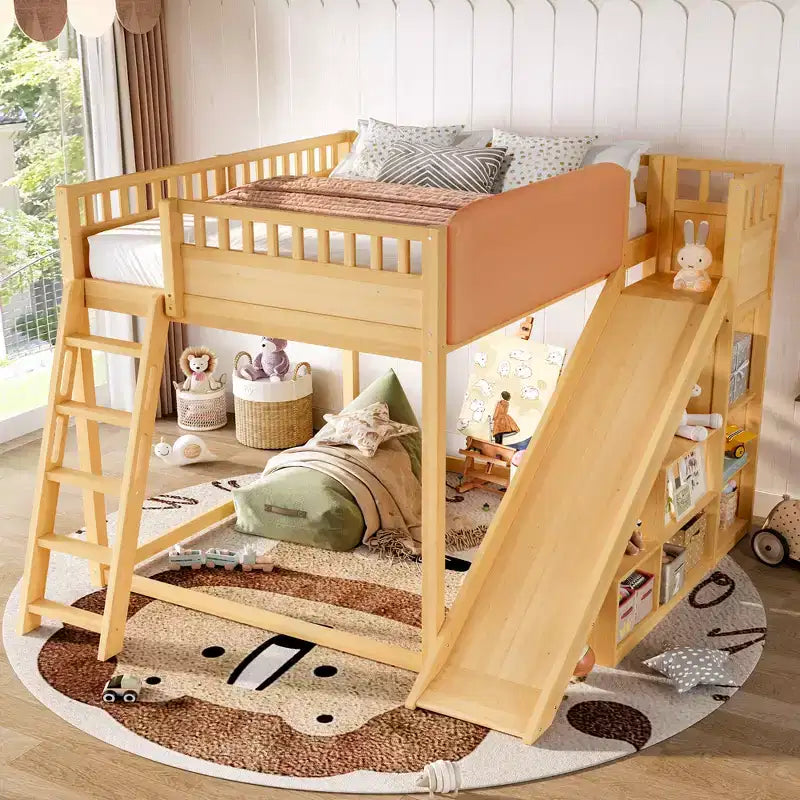 Bellemave Loft Bed with Upholstered Headboard and Storage Shelves, Solid Wood Loft Bed Frame with Ladder and Slide for Kids