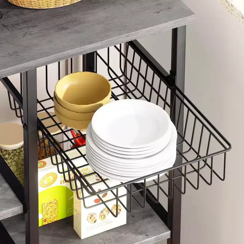 Celebalcony Bakers Rack with Power Outlet, 34.7 Open Storage Shelves with Wire Basket, Kitchen Microwave Stand with 6 S-Shaped Hooks