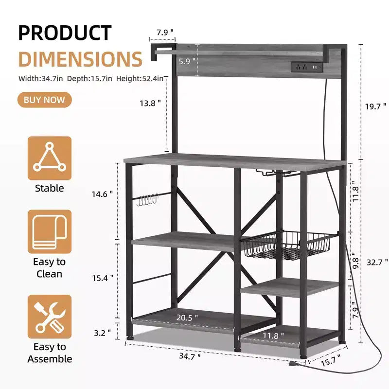 Celebalcony Bakers Rack with Power Outlet, 34.7 Open Storage Shelves with Wire Basket, Kitchen Microwave Stand with 6 S-Shaped Hooks