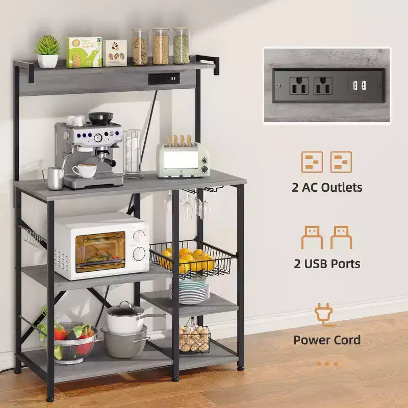Celebalcony Bakers Rack with Power Outlet, 34.7 Open Storage Shelves with Wire Basket, Kitchen Microwave Stand with 6 S-Shaped Hooks