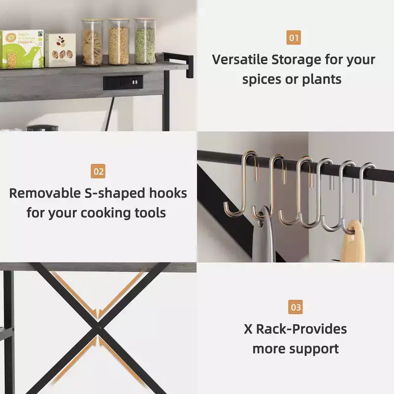 Celebalcony Bakers Rack with Power Outlet, 34.7 Open Storage Shelves with Wire Basket, Kitchen Microwave Stand with 6 S-Shaped Hooks