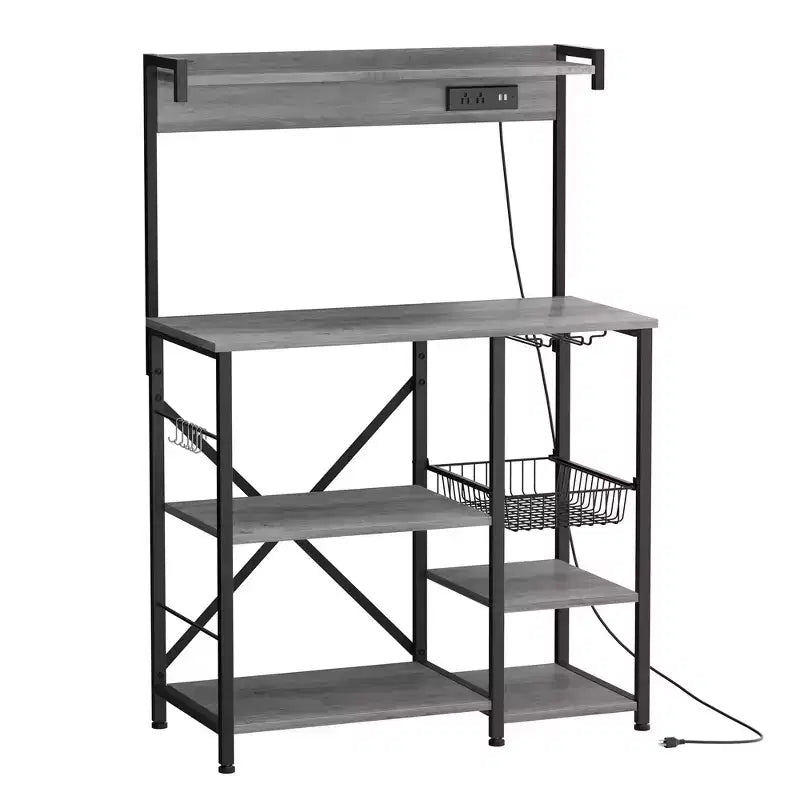 Celebalcony Bakers Rack with Power Outlet, 34.7 Open Storage Shelves with Wire Basket, Kitchen Microwave Stand with 6 S-Shaped Hooks