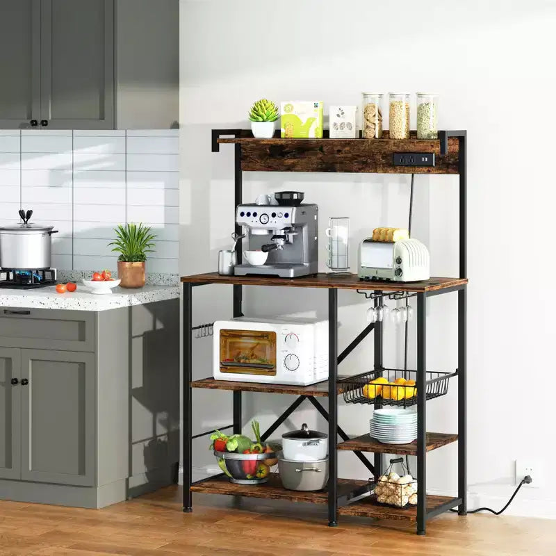 Celebalcony Bakers Rack with Power Outlet, 34.7 Open Storage Shelves with Wire Basket, Kitchen Microwave Stand with 6 S-Shaped Hooks