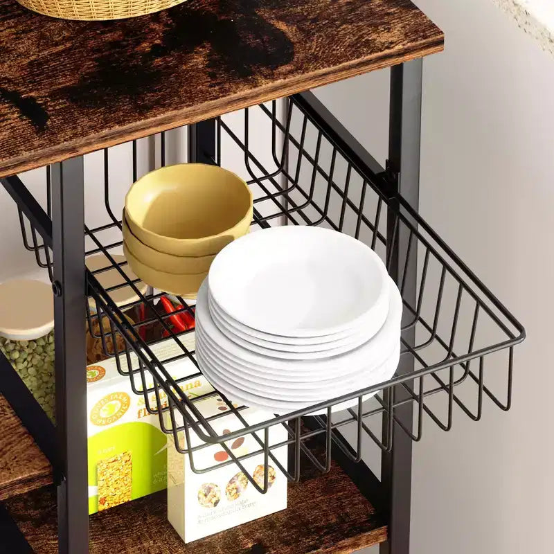 Celebalcony Bakers Rack with Power Outlet, 34.7 Open Storage Shelves with Wire Basket, Kitchen Microwave Stand with 6 S-Shaped Hooks