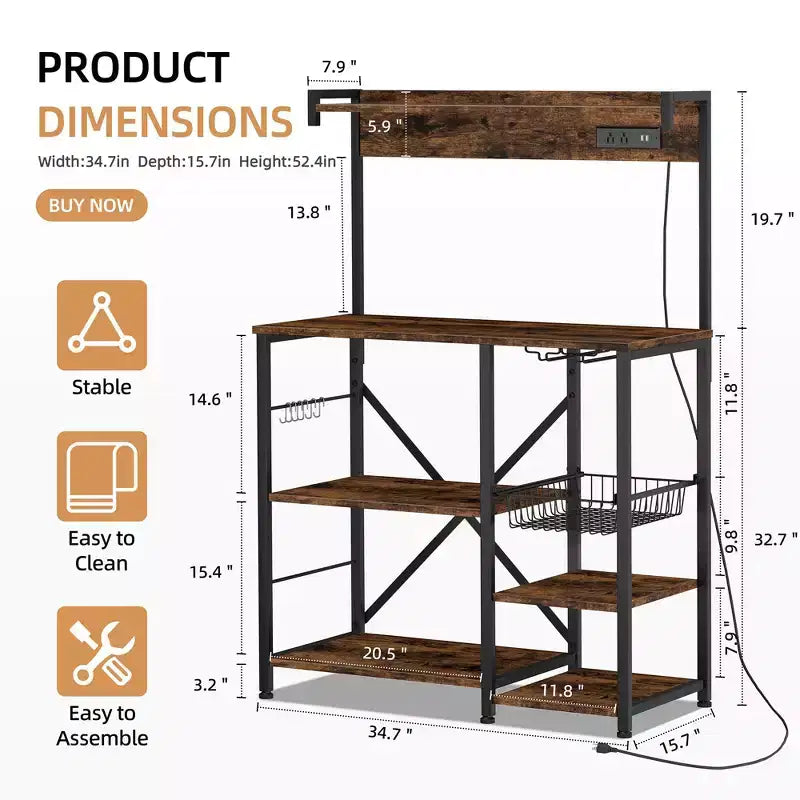 Celebalcony Bakers Rack with Power Outlet, 34.7 Open Storage Shelves with Wire Basket, Kitchen Microwave Stand with 6 S-Shaped Hooks
