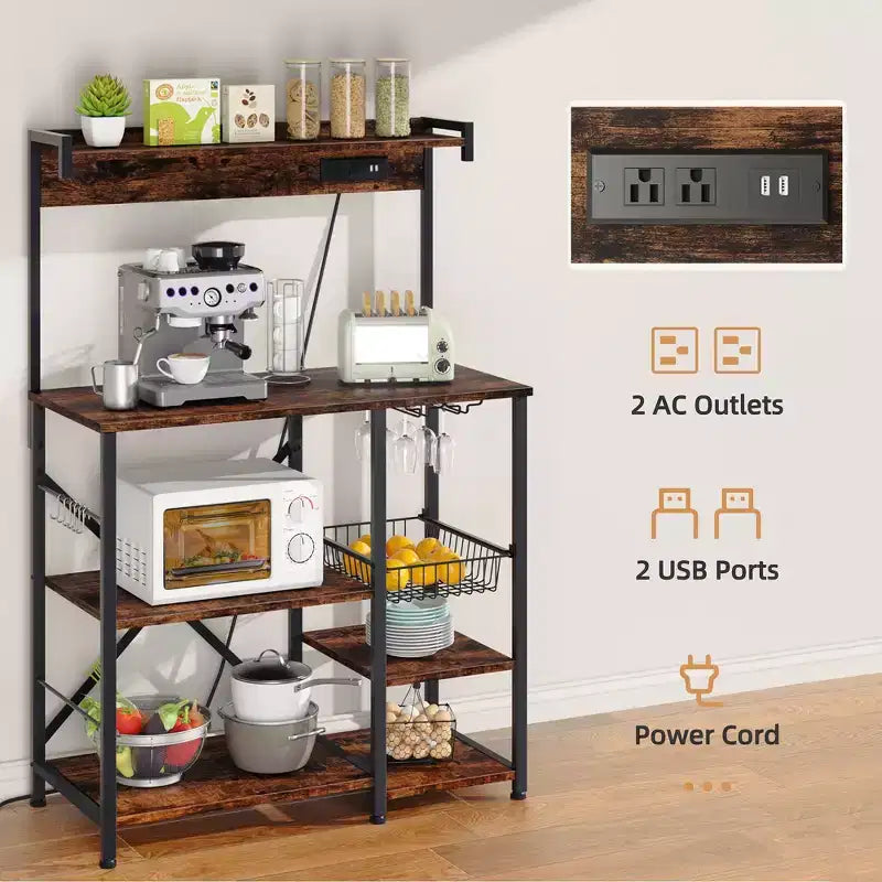 Celebalcony Bakers Rack with Power Outlet, 34.7 Open Storage Shelves with Wire Basket, Kitchen Microwave Stand with 6 S-Shaped Hooks