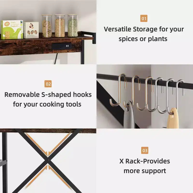 Celebalcony Bakers Rack with Power Outlet, 34.7 Open Storage Shelves with Wire Basket, Kitchen Microwave Stand with 6 S-Shaped Hooks