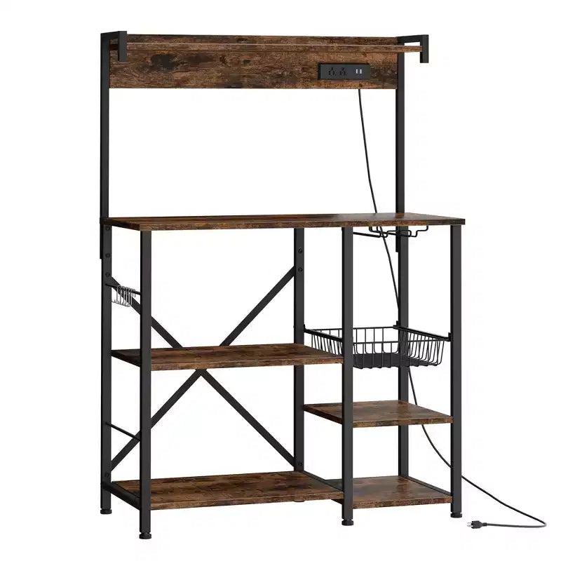 Celebalcony Bakers Rack with Power Outlet, 34.7 Open Storage Shelves with Wire Basket, Kitchen Microwave Stand with 6 S-Shaped Hooks