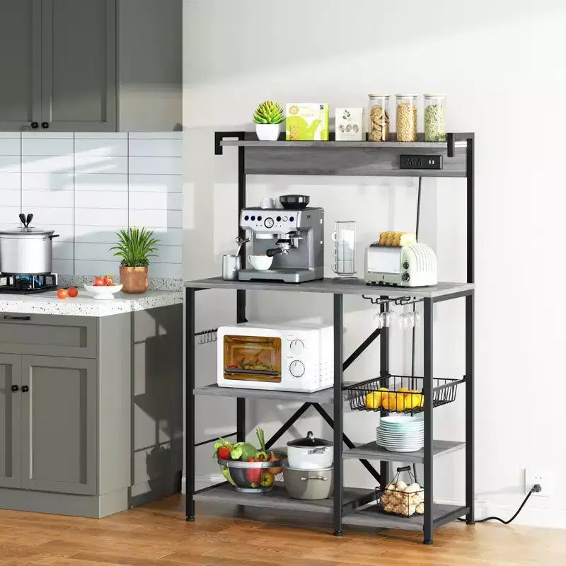 Celebalcony Bakers Rack with Power Outlet, 34.7 Open Storage Shelves with Wire Basket, Kitchen Microwave Stand with 6 S-Shaped Hooks
