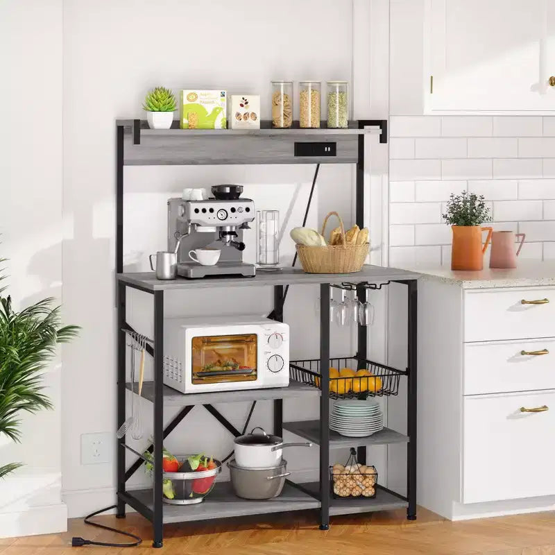 Celebalcony Bakers Rack with Power Outlet, 34.7" Open Storage Shelves with Wire Basket, Kitchen Microwave Stand with 6 S-Shaped Hooks