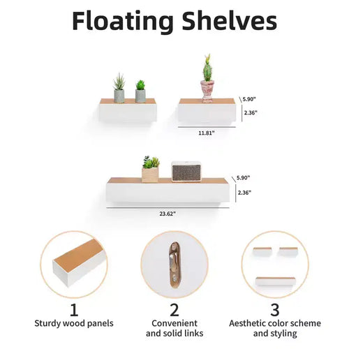 23.6" Maple + White Floating Shelf, C-shaped invisible-bracket wood wall mount, perfect for bathroom/bedroom/kitchen decor or displaying books/plants, easy to install.