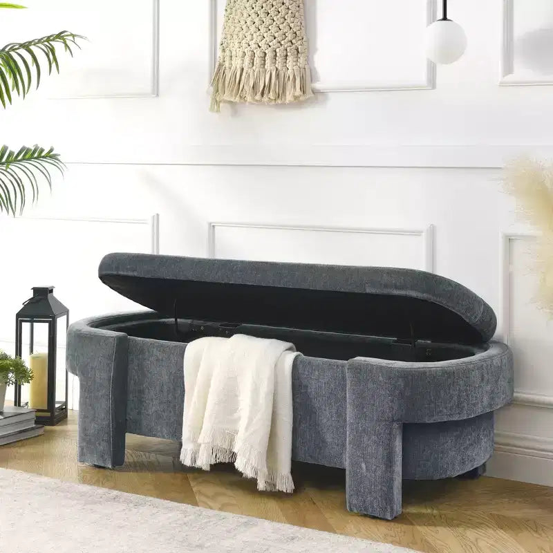 Chenille Bench with Large Storage Space for the Living Room Entryway Bedroom Hallway Apartment Lounge, Upholstered Ottoman