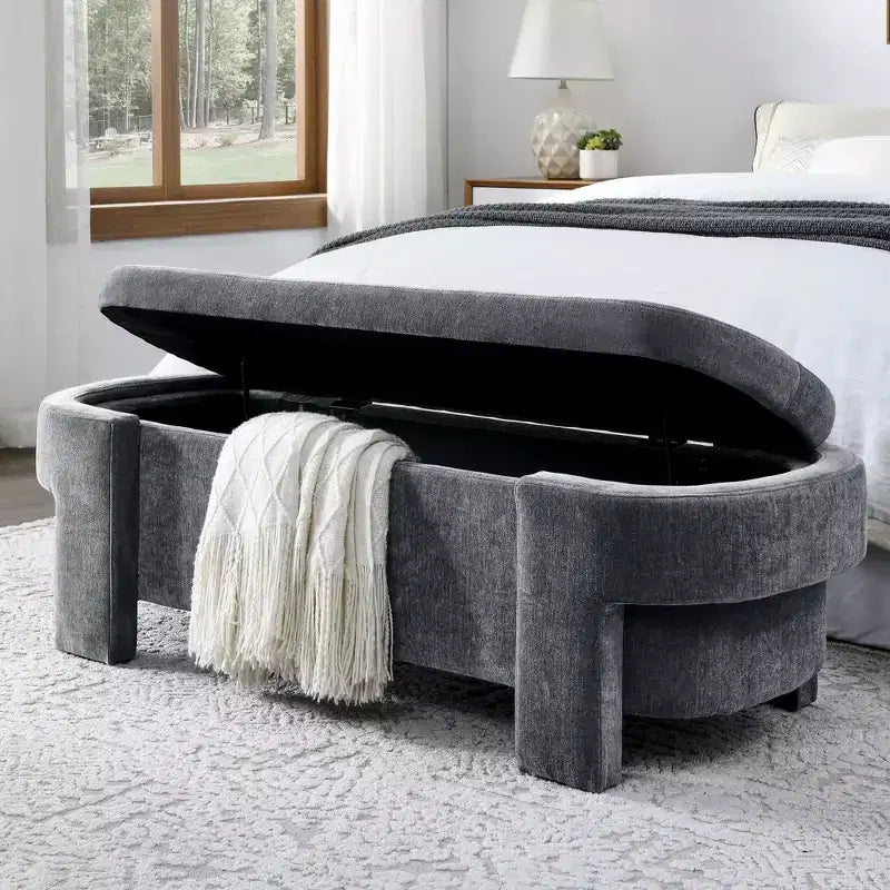 Chenille Bench with Large Storage Space for the Living Room Entryway Bedroom Hallway Apartment Lounge, Upholstered Ottoman