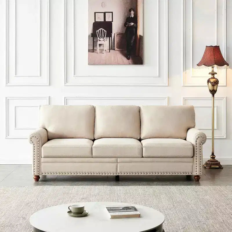 MAYEERTY Solid Wood &amp; Metal Frame Sofa with Silver Nail Accent Under Seat Storage for Living Room Beige
