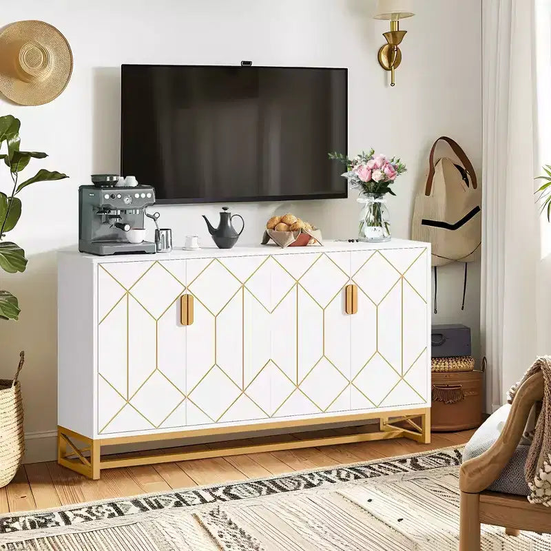 Bahut moderne en or blanc, buffet de 59 pouces avec portes