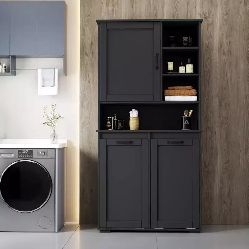 Meuble de buanderie noir autoportant, panier basculant, étagères réglables, rangements multiples