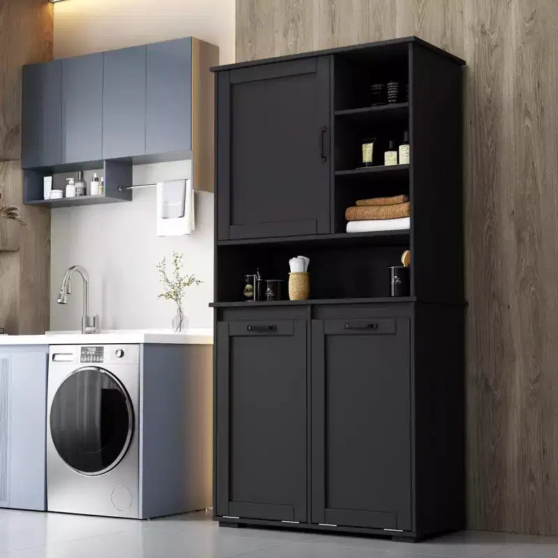 Meuble de buanderie noir autoportant, panier basculant, étagères réglables, rangements multiples