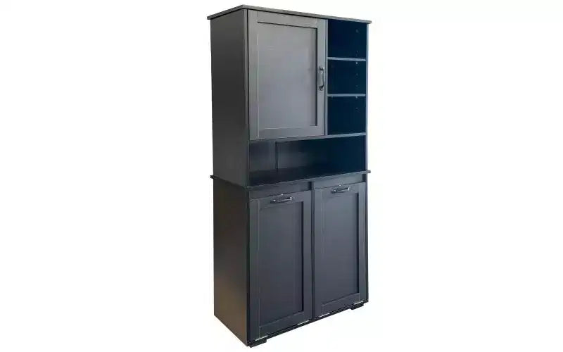 Meuble de buanderie noir autoportant, panier basculant, étagères réglables, rangements multiples