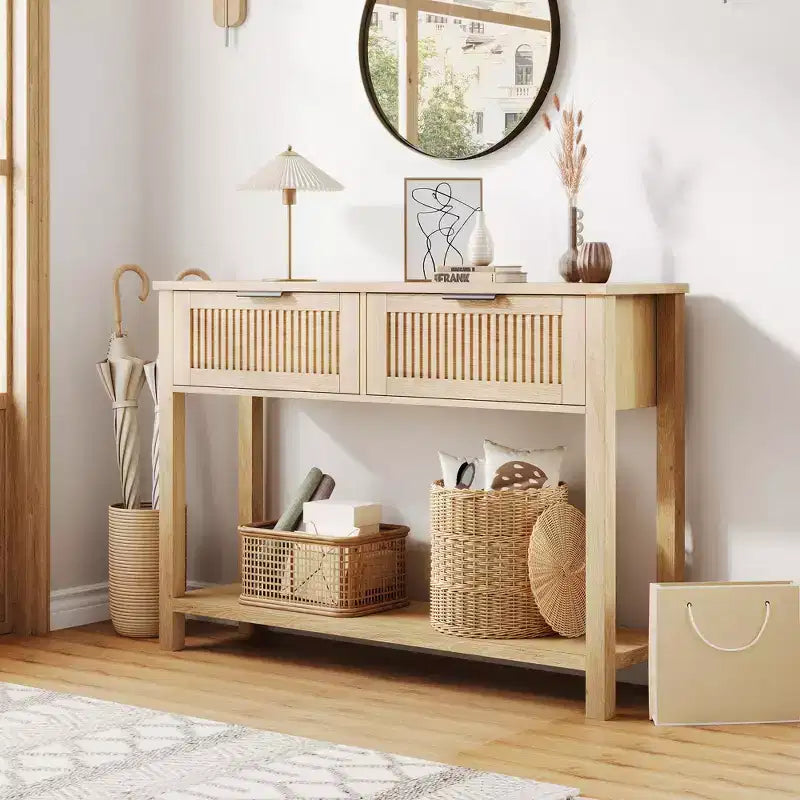 Console avec 2 tiroirs cannelés, table d'entrée de 109 cm avec étagère de rangement ouverte