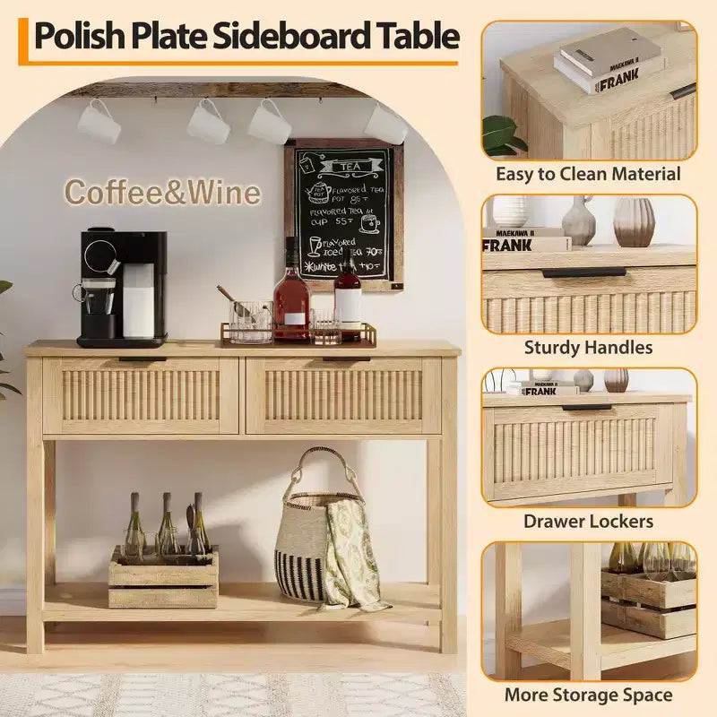 Console avec 2 tiroirs cannelés, table d'entrée de 109 cm avec étagère de rangement ouverte