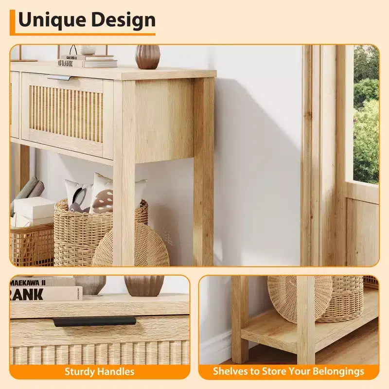 Console avec 2 tiroirs cannelés, table d'entrée de 109 cm avec étagère de rangement ouverte