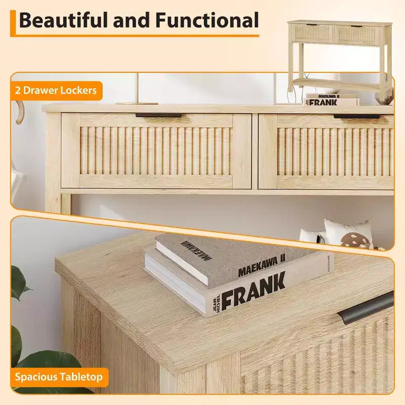 Console avec 2 tiroirs cannelés, table d'entrée de 109 cm avec étagère de rangement ouverte