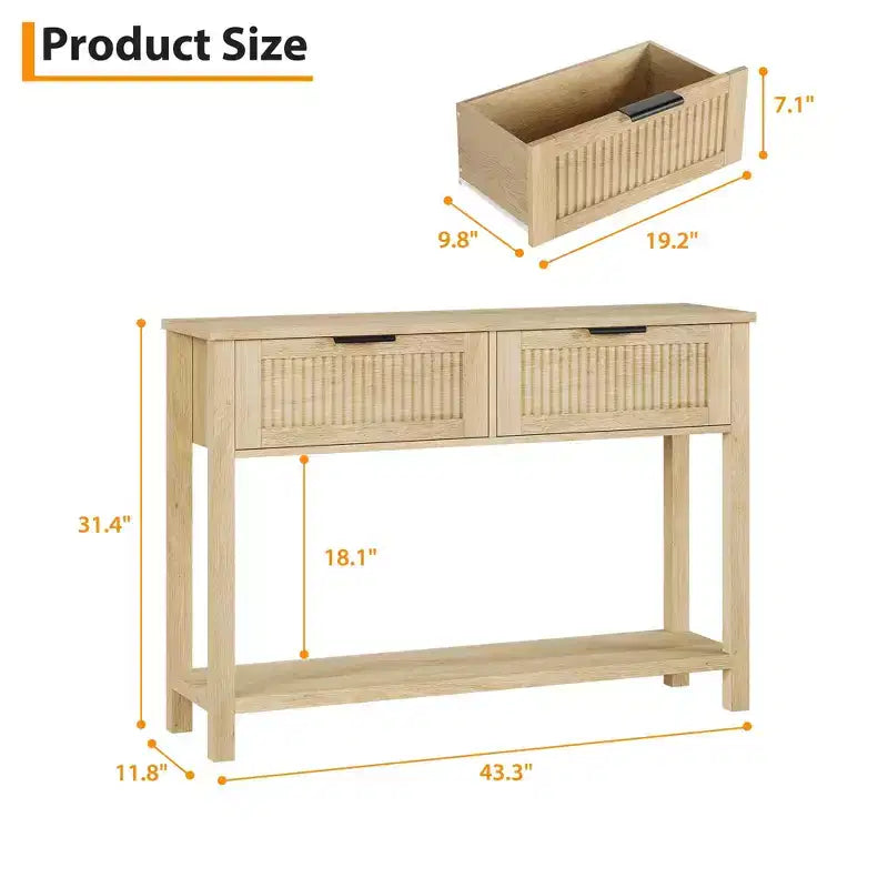 Console avec 2 tiroirs cannelés, table d'entrée de 109 cm avec étagère de rangement ouverte