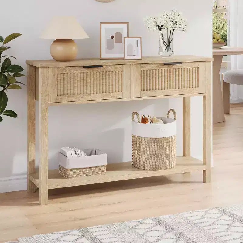 Console avec 2 tiroirs cannelés, table d'entrée de 109 cm avec étagère de rangement ouverte