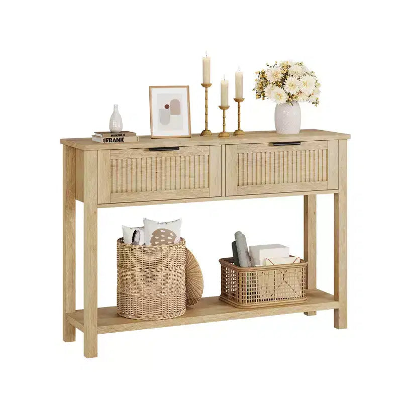 Console avec 2 tiroirs cannelés, table d'entrée de 109 cm avec étagère de rangement ouverte
