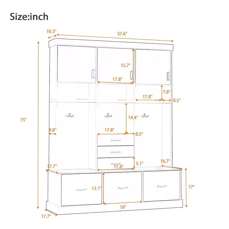 Porte-manteau d'entrée de 75 po avec banc de rangement, porte-manteau autoportant