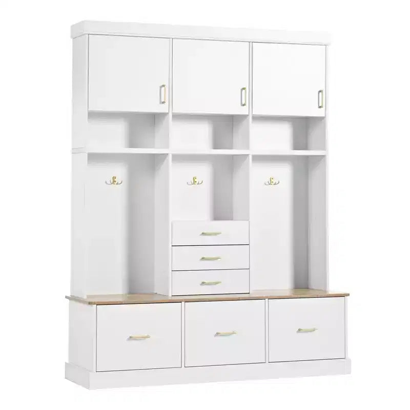 Porte-manteau d'entrée de 75 po avec banc de rangement, porte-manteau autoportant