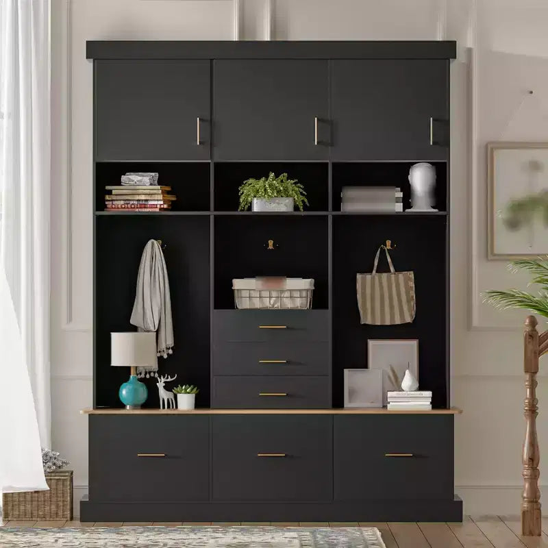 75H Entryway Hall Tree With Storage Bench, Freestanding Coat Rack with 6 Drawers &amp; 3 Cabinets, Wooden Entryway Bench for Living Room Mudroom