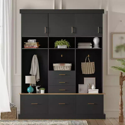 75H Entryway Hall Tree With Storage Bench, Freestanding Coat Rack with 6 Drawers &amp; 3 Cabinets, Wooden Entryway Bench for Living Room Mudroom