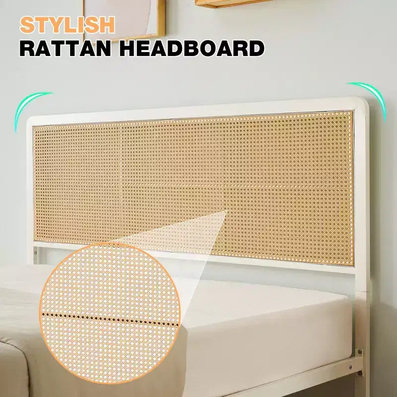 Lit plateforme en rotin avec tête de lit, style bohème moderne en cannage