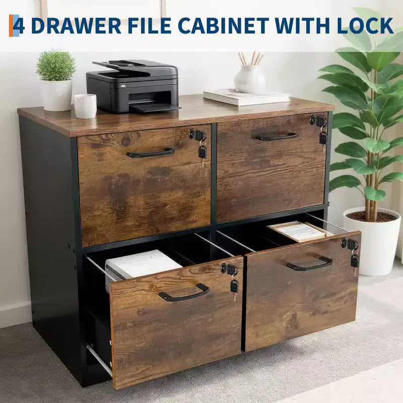 Classeur 4 tiroirs avec serrure, support d'imprimante, classeurs en bois pour bureau à domicile