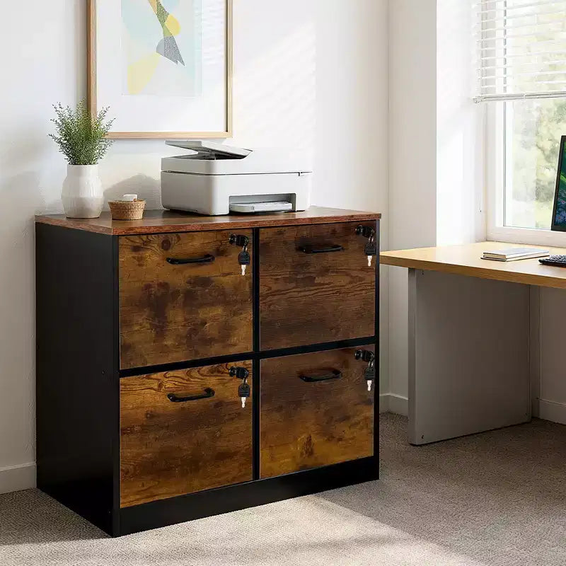 Classeur 4 tiroirs avec serrure, support d'imprimante, classeurs en bois pour bureau à domicile