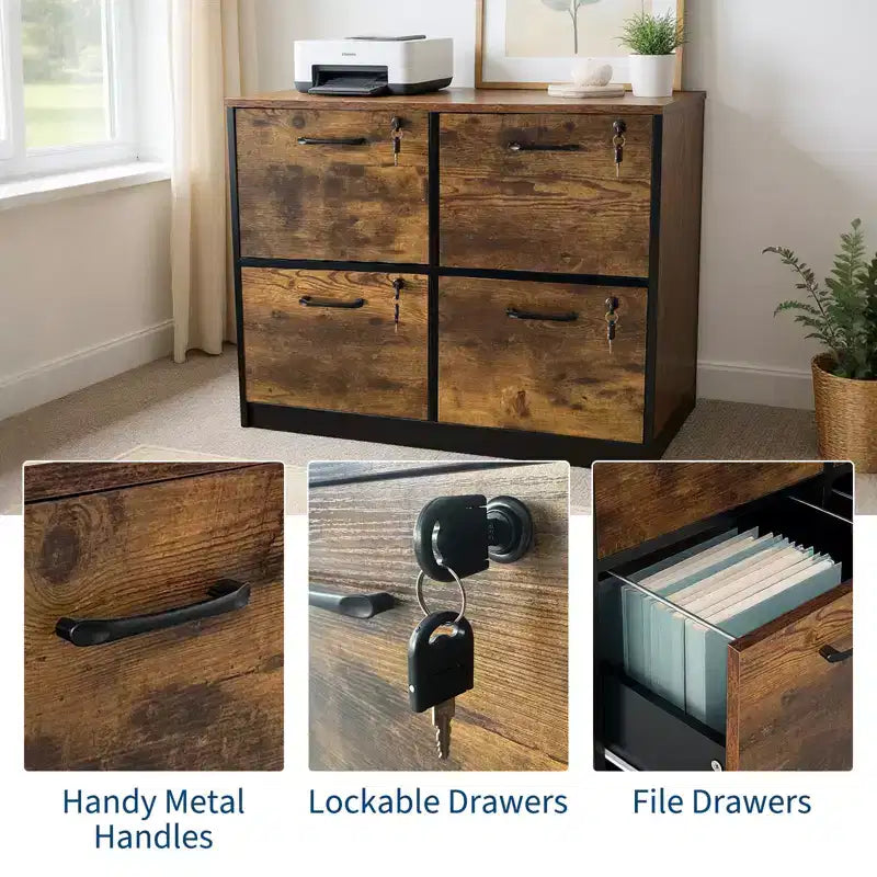 Classeur 4 tiroirs avec serrure, support d'imprimante, classeurs en bois pour bureau à domicile