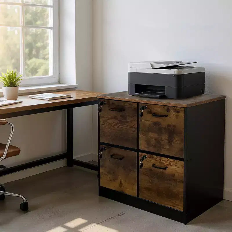 Classeur 4 tiroirs avec serrure, support d'imprimante, classeurs en bois pour bureau à domicile