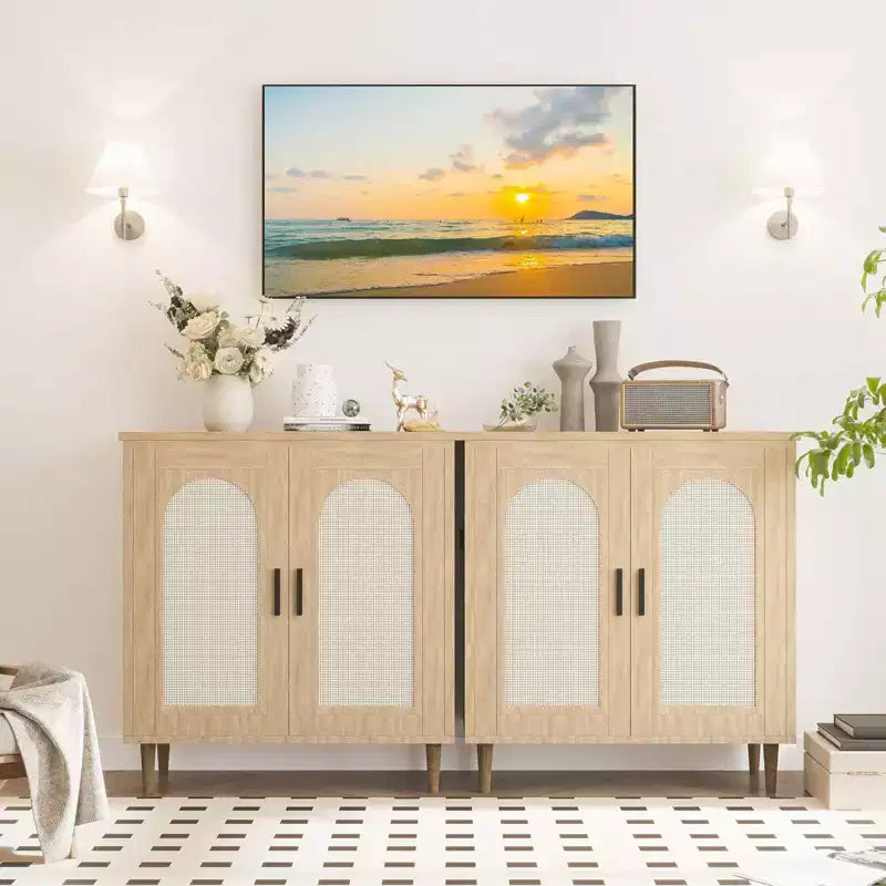 Bahut console, buffet de rangement réglable en rotin