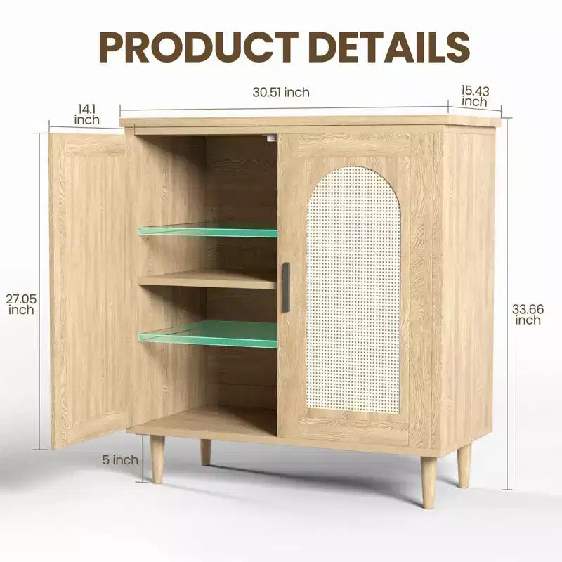 Bahut console, buffet de rangement réglable en rotin