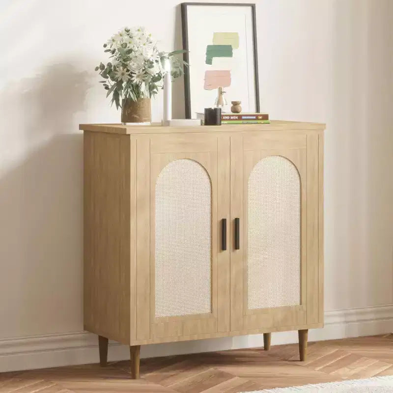 Sideboard Konsolentisch, Rattan-Akzent-Sideboard mit verstellbarem Stauraum