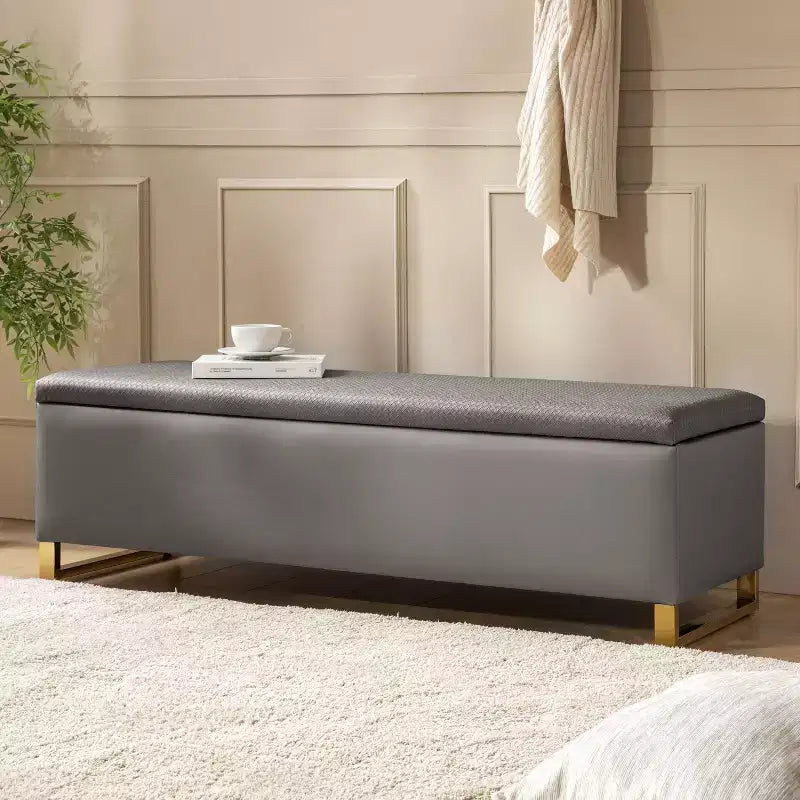 Banc de rangement avec deux poufs et motifs tressés en losanges