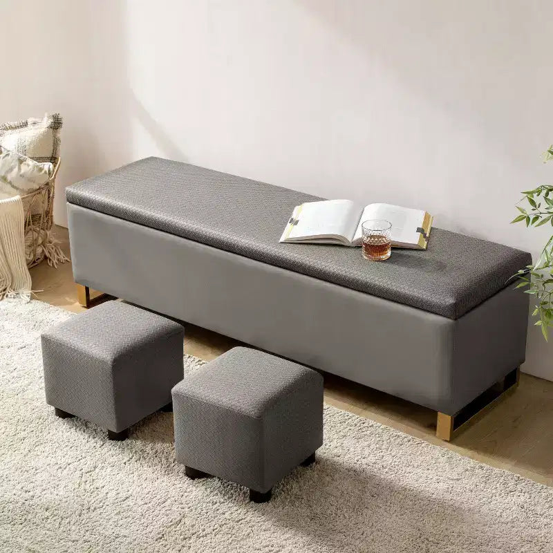 Banc de rangement avec deux poufs et motifs tressés en losanges