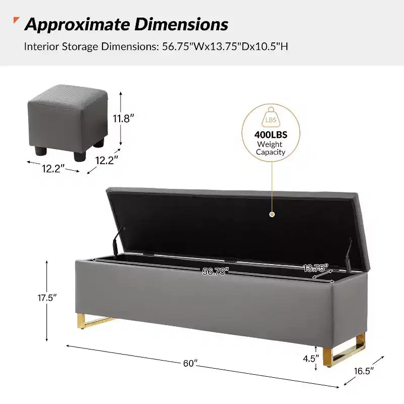 Banc de rangement avec deux poufs et motifs tressés en losanges