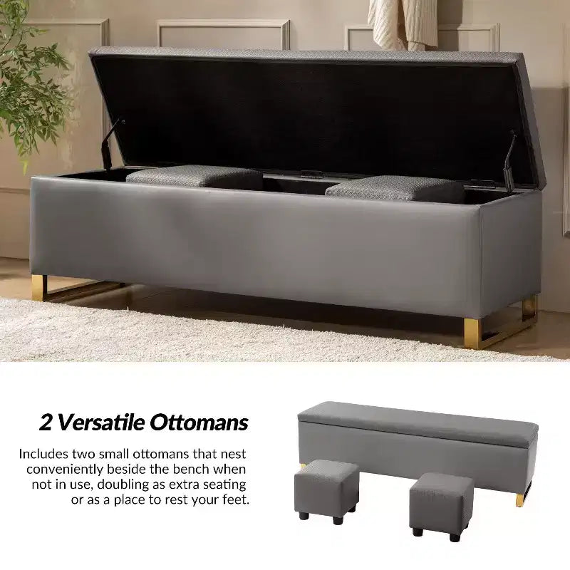Banc de rangement avec deux poufs et motifs tressés en losanges