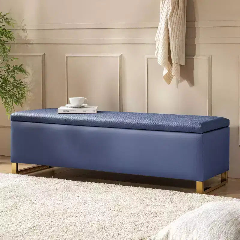 Banc de rangement avec deux poufs et motifs tressés en losanges