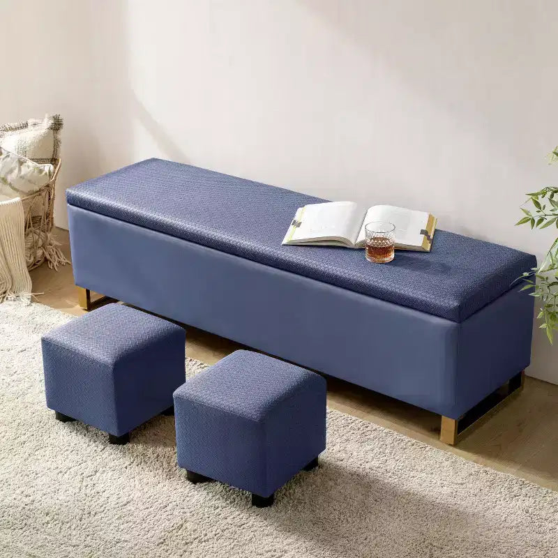 Banc de rangement avec deux poufs et motifs tressés en losanges