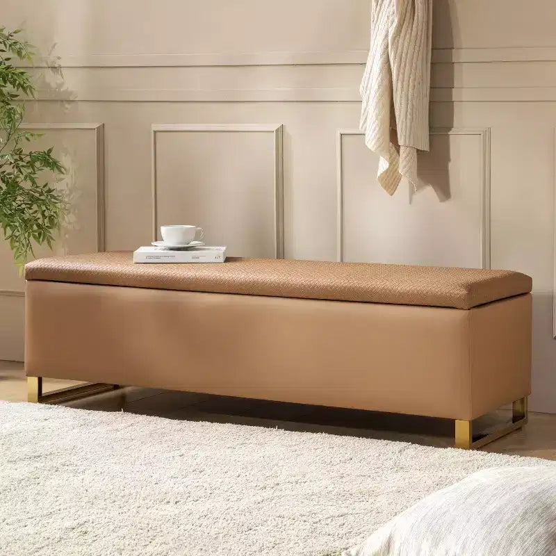 Banc de rangement avec deux poufs et motifs tressés en losanges