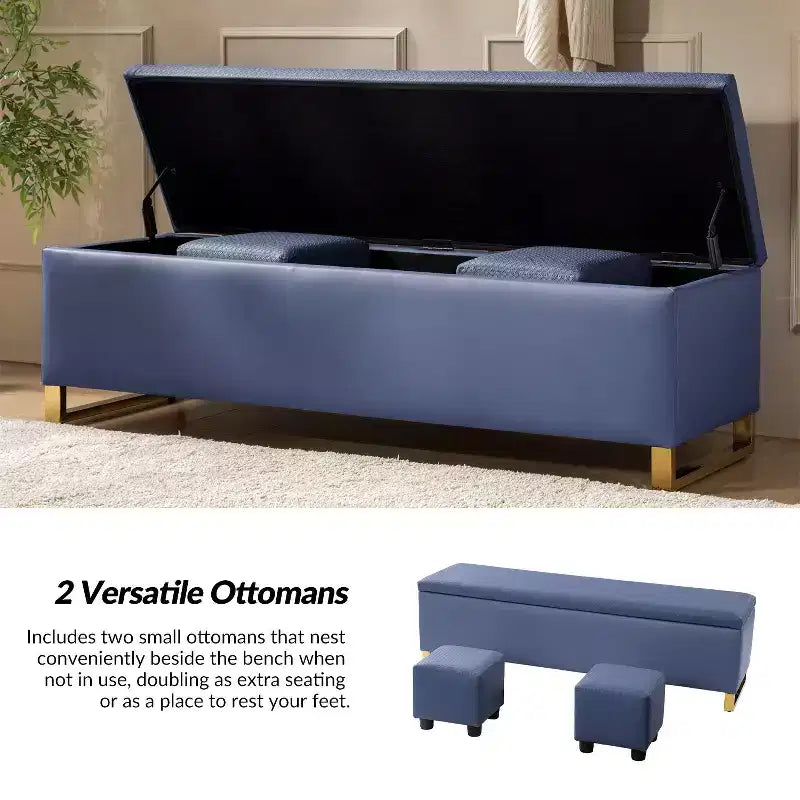 Banc de rangement avec deux poufs et motifs tressés en losanges